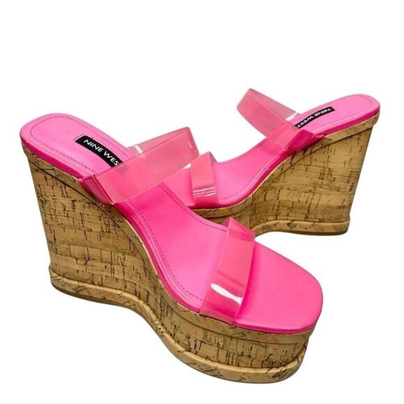 Nine West Sandals Size 6 Pink Open Toe Double Strap Slip On Platform Wedges - Picture 6 of 9